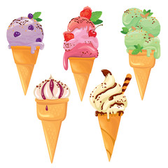 Set of Ice cream cones with glaze, Chocolate, strawberry, bluebe