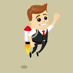 Vector business man fly on the rocket. Flying businessman with jetpack.