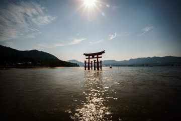 Miyajima island and Floating Torii gate in Japan. backlit