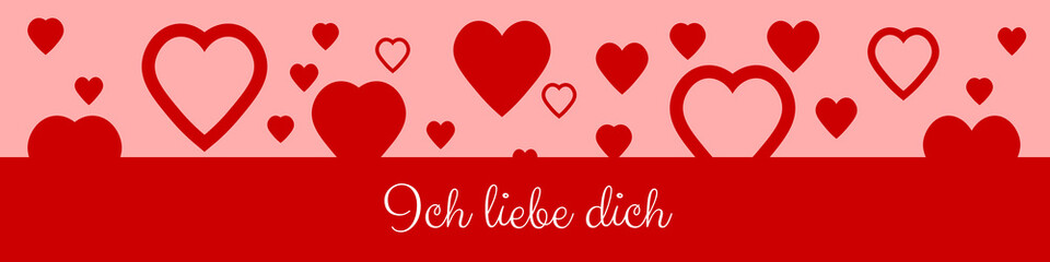 German I love you Happy Valentine's Day Banner with red and white hearts floating
