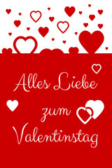 German Happy Valentine's Day Card with red and white hearts floating