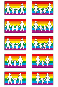 LGBT family icons on pride flag colored background - various families with homosexual parents and their daughters and sons.