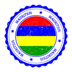 Mauritius flag badge. Vintage travel stamp with circular text, stars and island flag inside it. Vector illustration.