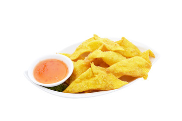 Crispy wonton with chili sauce isolated on white background.