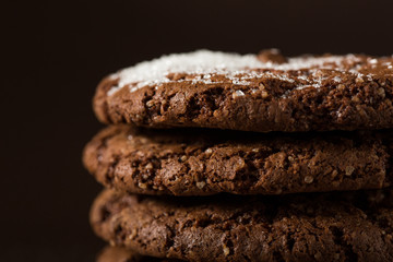Stacked chocolate chip cookies shot with selective focus