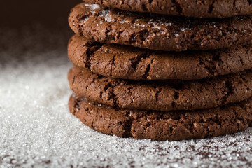 Stacked chocolate chip cookies shot with selective focus
