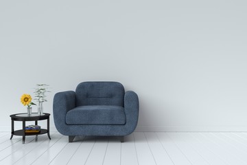 interior with velvet armchair on empty white wall background. 3D rendering