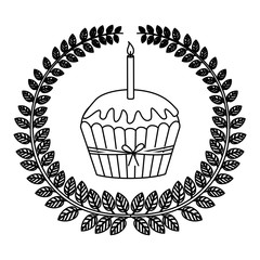 silhouette crown of leaves with cupcake with red cream and candle vector illustration