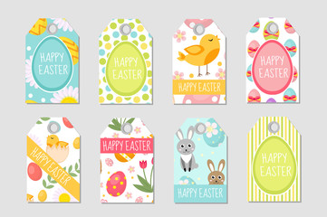 Cute Easter tags set. Labels collection with Easter rabbit, eggs and flowers. Spring templates for your design. Vector illustration