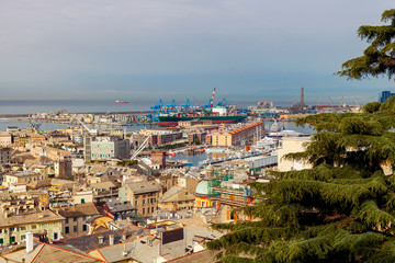 Aerial view of Genoa from the top the hill.
