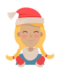 Happy Young Girl Wears Santa Claus Red Hat. Vector