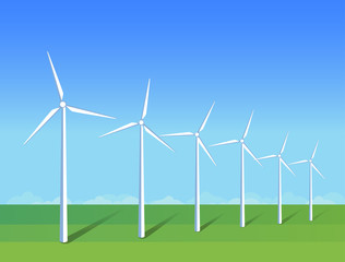 Fototapeta premium Electric windmills on green grass field on background blue sky. Ecology environmental illustration for presentations, websites, infographics. Flat vector art
