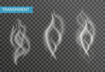 Realistic smoke set isolated on transparent background. Cigarette smoke, vapor effect. Vector illustration