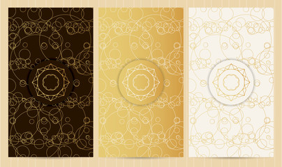 Set of flyers in golden color with logo. Collection of business templates, abstract geometric patterns and cards, background with round elements and frames.