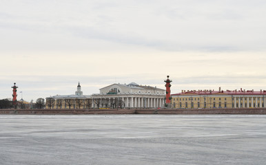 Naklejka premium View of Frozen Neva River and Spit Vasilyevsky Island.