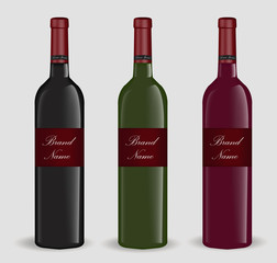 Realistic wine bottle set. Isolated on white background. 3d glass bottles mock-up. Vector illustration