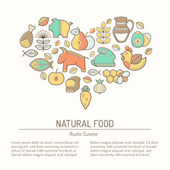 Illustration with outlined natural food signs forming heart