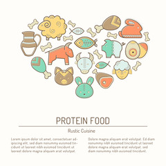 Illustration with outlined protein food signs forming heart
