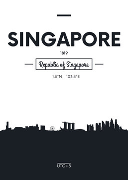 Poster city skyline Singapore, Flat style vector illustration