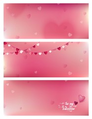 Set of three banners with blurred background and bokeh hearts. Happy valentine`s day cards. Handwritten Valentines Day calligraphy on blurred background.  Vector illustration