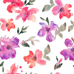 Watercolor seamless pattern with bright loose flowers on white background.