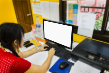 Blank screen or empty computer monitor with women in office
