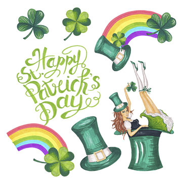 St Patrick's Day Illustration Set Hand-Painted Green Shamrock 