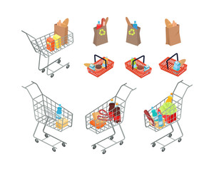 Variety of Bags and Trolleys in Supermarket.
