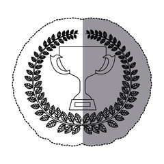 middle shadow monochrome sticker with olive crown with trophy cup with plate vector illustration