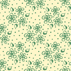 Seamless vector hand drawn seamless floral pattern. Yellow background with green flowers, leaves, dots. Decorative cute graphic drawn illustration. Template for background, wrapping, wallpaper.