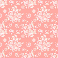 Seamless vector hand drawn seamless floral pattern. Pink background with flowers, leaves. Decorative cute graphic drawn illustration. Template for background, wrapping, wallpaper.