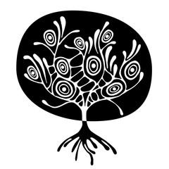Vector hand drawn illustration, decorative ornamental stylized tree. Black and white graphic illustration isolated on the white background. Inc drawing silhouette. Decorative artistic ornamental wood