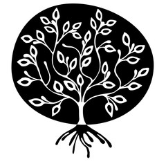 Vector hand drawn illustration, decorative ornamental stylized tree. Black and white graphic illustration isolated on the white background. Inc drawing silhouette. Decorative artistic ornamental wood