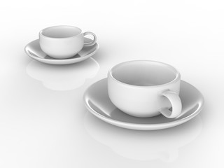 3D illustration two white cups and saucers