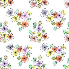 Seamless vector hand drawn seamless floral pattern. Background with flowers, leaves. Decorative graphic vector drawn illustration. Line drawing