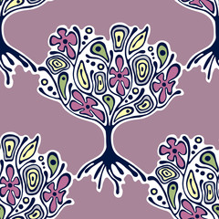 Seamless pattern, vector hand drawn repeating illustration, decorative ornamental stylized endless trees. abstract seamles graphic illustration. Artistic line drawing silhouette.