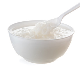 Mush or boiled rice in bowl isolated on white background
