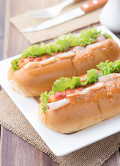 fast food,hot dogs with various ingredients on wood background