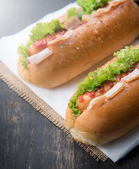 fast food,hot dogs with various ingredients on wood background