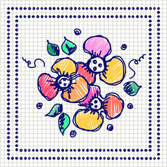 Floral frame. Hand drawn flowers and leaves Vector design. Hand sketch line drawing. Decorative card with space for text. Artistic drawing Series of Cards, Blanks and Forms, Template.