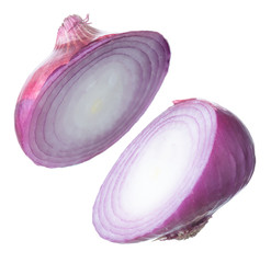 Slice of red onion isolated on white background.
