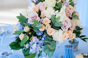 Closeup bouquet flowers rose delphinium wedding
