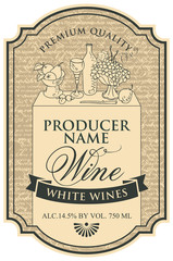 wine label with the silhouette of a still life from bottles and bowl of fruit