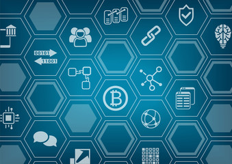 Obraz na płótnie Canvas Bitcoin and blockchain blue vector background with polygon shapes