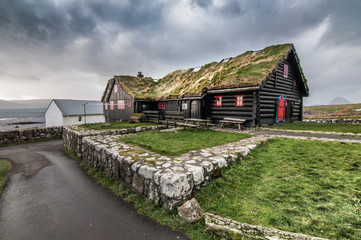 Fototapeta na wymiar Grass roof old house in Faroes Islands