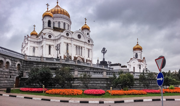 Drone flies near Cathedral of Christ the Saviour in Moscow