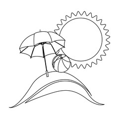 monochrome contour with beach and umbrella and ball vector illustration