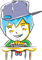 Cute little boy eating a pie