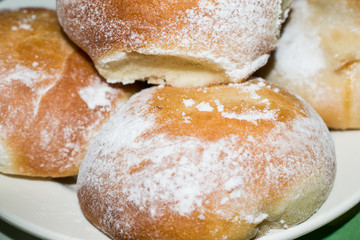 Baked buns from yeast dough with topping of sugar and flour