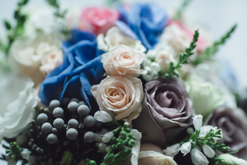 Wedding.Decor. Artwork.Bride's bouquet with blue,white,and grey